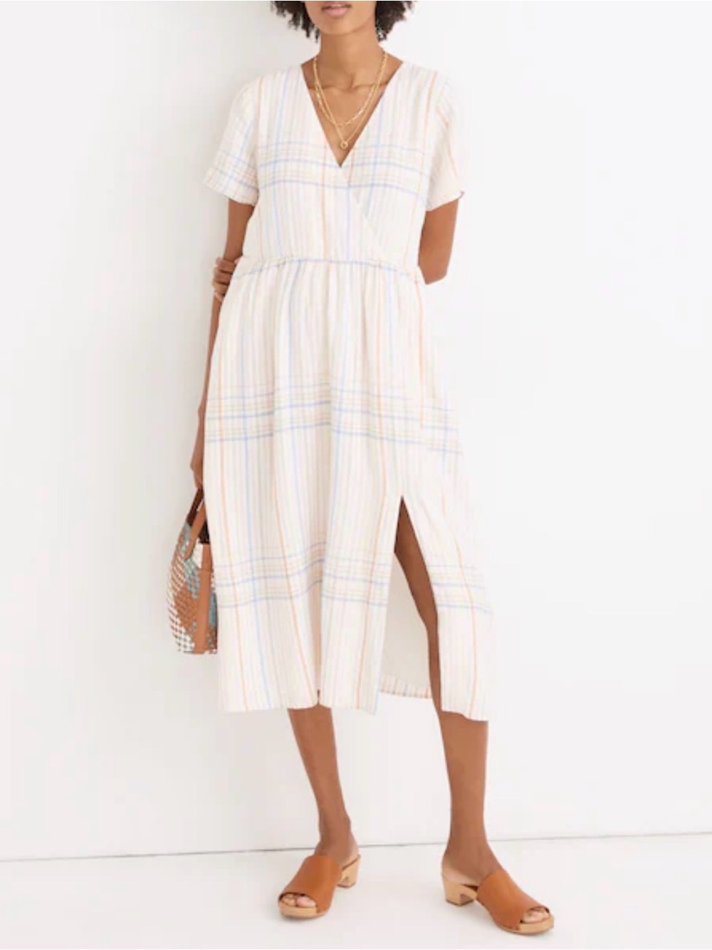 Madewell Cream Midi Dress with Pastel Blue & Pale Pink Plaid - Picture 1 of 13